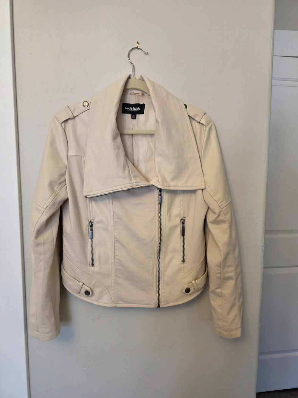Oasis & Belle Cream Faux Leather Biker Jacket